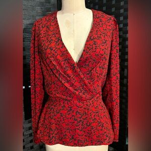 Chelsea 28 Red Floral Puff Sleeve Peplum Blouse Top X Small